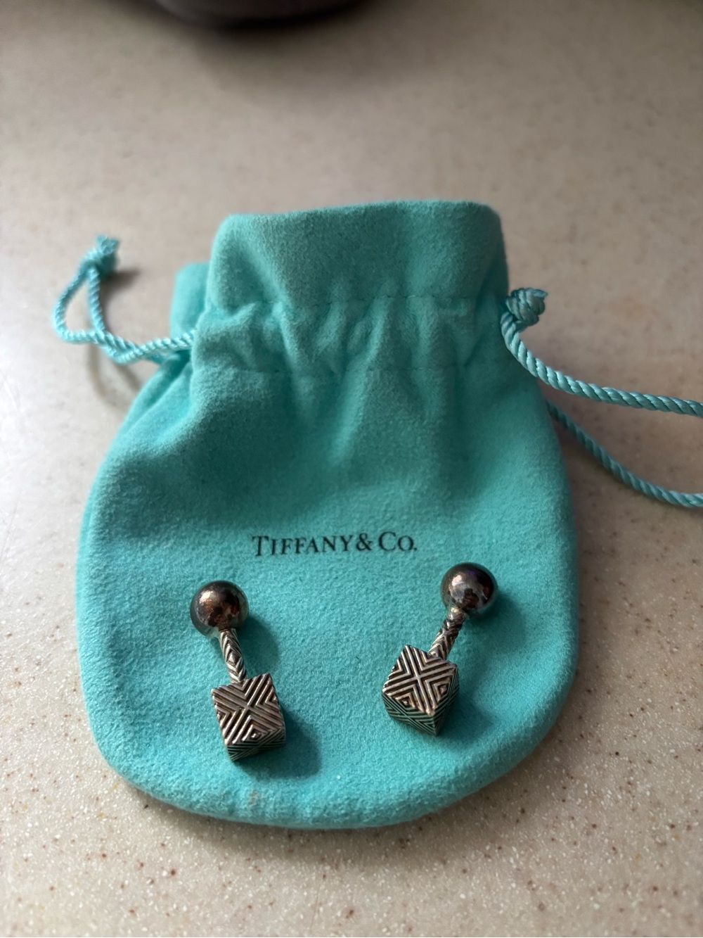 Tiffany & Co. Silver Textured Cube cufflinks Turquoise Pouch
